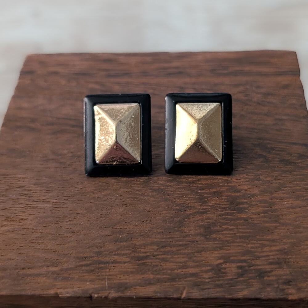 Vintage Stud Earrings Black & Gold Tone Rectangle Retro - Some Marks